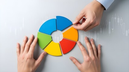 Hands Assembling Colorful Pie Chart Business Data Analysis Concept