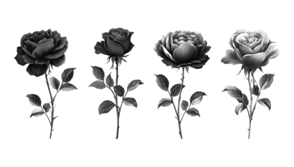 Four monochrome rose blooms and stems with thorns, leaves, on a black background