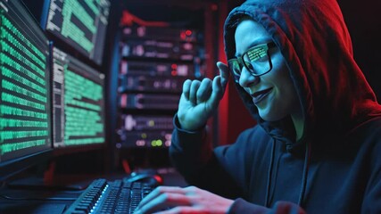 Cinematic closeup portrait of a man in a hoodie focused on hacking. Young coder typing code on glowing screens amid servers. Cyber programming and digital intrusion footage. - Powered by Adobe