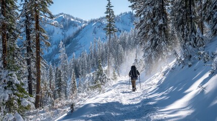 Snowshoeing through a quiet winter forest on a sunlit trail