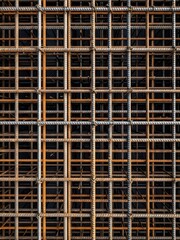 Scaffolding surrounds a building site with metal and wooden structures