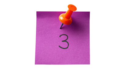 Close-up of a square purple sticky note with a black handwritten number "3" and a pushpin