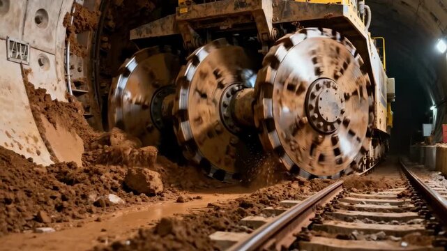 Medium frame captures the openface tunnel boring machine working in clay revealing exposed cutting heads breaking ground for rail passage.