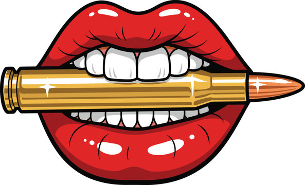 Pop art vector illustration of sexy red female lips biting a gold bullet isolated on black background for edgy fashion and lifestyle design