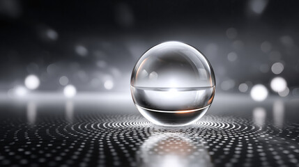Crystal glass sphere reflecting soft light and bokeh, minimal futuristic still life with subtle mood