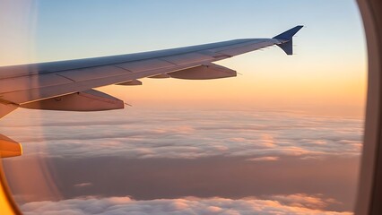 Fototapeta premium Airplane wing over clouds at sunset, aerial view from window.