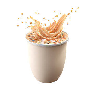 Digitally created cup overflowing with milk tea, ice, and bobas, creating dynamic splash