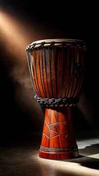 Close-up of a traditional djembe drum with warm orange body, black leather head, braided ropes, and intricate etched patterns on terracotta base. Dramatic side lighting on black background