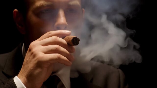 Businessman, CEO or boss smoking a cigar. Close-up of middle-aged male boss smoking cigar, symbol of power and success on dark background