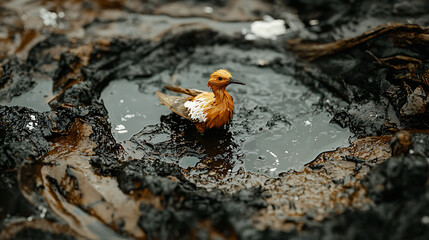 Obraz premium Bird covered in oil sits in muddy area, surrounded by dark, thick sludge. scene evokes sense of distress and environmental concern