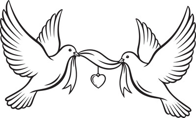Obraz premium Flying love birds holding ribbon with heart – Valentine line art vector illustration