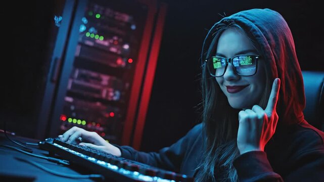 Woman hacker in hoodie typing code on computer in neon-lit server room. Intense cyber intrusion sequence ending with secretive shush gesture. Digital security and programming concept footage.