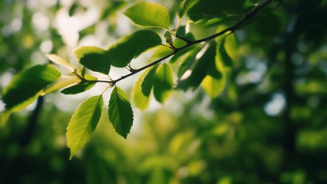 Close-up of green tree branch moving gently in the wind with sunlight filtering through leaves, 4K.