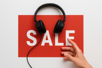 A hand reaches for black headphones resting on a bold red "SALE" sign, highlighting a promotional offer on audio products.