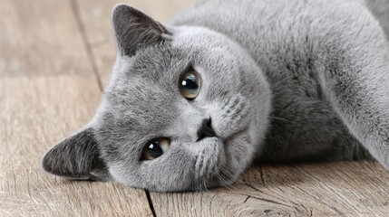 A close-up of a gray cat lying on a wooden floor, with a calm expression, showcasing its soft fur and striking eyes.