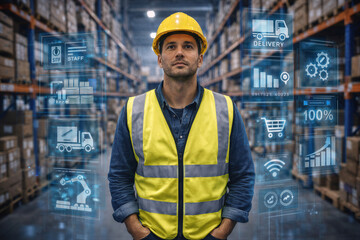 Fototapeta premium Pracownik magazynu z kamizelką odblaskową w centrum logistycznym z cyfrową analizą danych