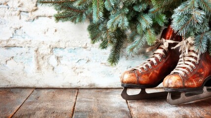 Vintage ice skates are adorned with evergreen branches, resting on a rustic wooden surface, evoking a cozy winter atmosphere.