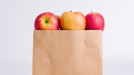 A paper bag filled with fresh apples, showcasing vibrant colors and a simple, minimalist design against a light background.