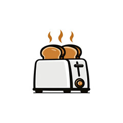 Graphic illustration of a toaster with two slices of bread, steam rising, on a black background