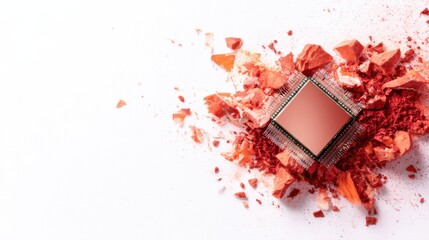 A microchip surrounded by crushed red material, creating a striking visual contrast against a white background.