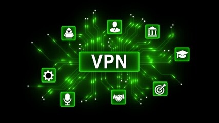 VPN and ICON animation digital network technology concept with glowing circuit board connections and icons for mobile banking security finance growth and data analysis on black ... - Powered by Adobe