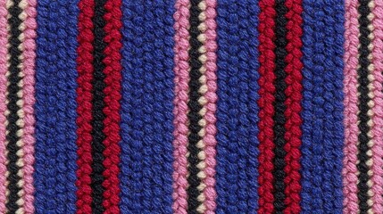 A vibrant textile featuring alternating stripes of blue, pink, red, and black, showcasing intricate weaving patterns and colors.