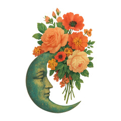 Naklejka premium PNG Floral crescent moon illustration