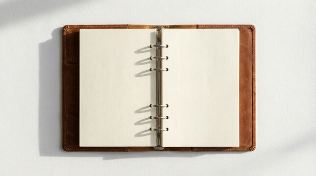 Agenda vintage de piel con anillas hecha a mano con papel blanco reciclado para tomar notas del d&iacute;a a d&iacute;a como agenda, diario, cuaderno de viajes, con iluminaci&oacute;n natural sobre un fondo blanco.
