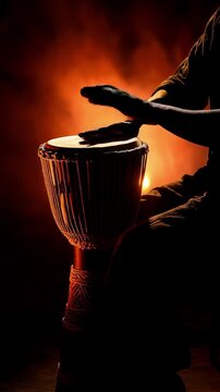 Close-up of a traditional djembe drum with warm orange body, black leather head, braided ropes, and intricate etched patterns on terracotta base. Dramatic side lighting on black background