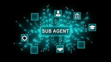 SUB AGENT digital network technology concept with glowing circuit board connections and icons for mobile banking security finance growth and data analysis on black ... - Powered by Adobe