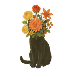 Naklejka premium PNG Cat with floral bouquet head.