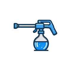 A stylized illustration featuring a blue and white water sprayer against a black background