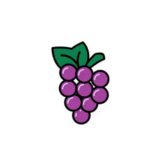 Cartoon illustration of purple grapes with green leaves, set against a solid black background