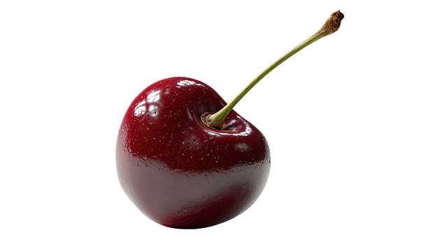 Close-up of a single ripe, dark red fruit with a green stem against a black background
