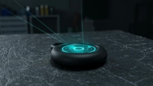 Round smart tracker rests on a textured dark table surface. A soft cyan ring on the device indicates active status. Background workshop elements are out of focus to suggest industrial or home tech lif