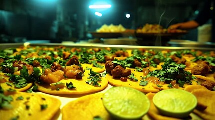 Close up vibrant delicious tacos with cilantro lime garnish arranged on a large platter in professional kitchen food preparation background