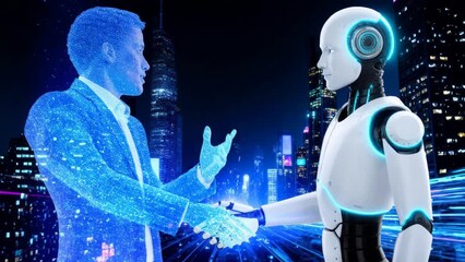Medium shot businessman hologram shaking hand and talk with white robot with background night smart city , and data motion move to the center  - Powered by Adobe