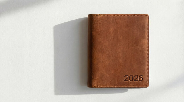 Agenda vintage de piel con anillas hecha a mano con papel blanco reciclado para tomar notas del d&iacute;a a d&iacute;a como agenda, diario, cuaderno de viajes, con iluminaci&oacute;n natural sobre un fondo blanco.