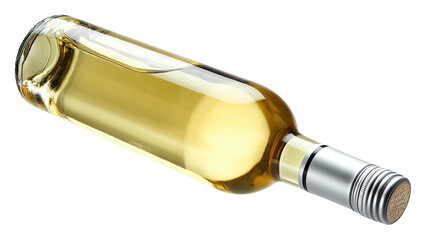 A clear glass bottle, filled with golden liquid, lying on a stark black background