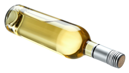 A clear glass bottle, filled with golden liquid, lying on a stark black background