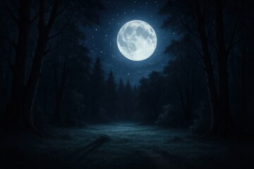 Fototapeta premium Night scene featuring a full moon illuminating a dark forest with tall trees and a clear sky filled with stars