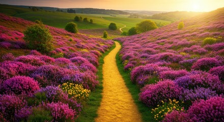 Winding dirt pathway through vibrant purple blooming hillsides at sunset