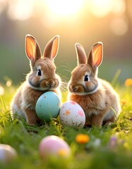 Two Adorable Bunnies with Easter Eggs in a Sunny Meadow.