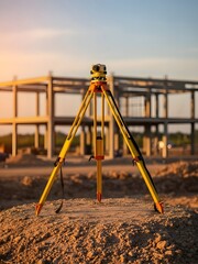 Survey equipment on construction site at sunrise