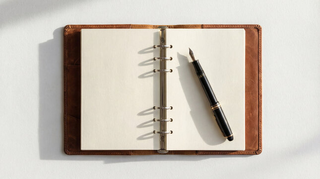 Agenda vintage de piel con anillas hecha a mano con papel blanco reciclado para tomar notas del d&iacute;a a d&iacute;a como agenda, diario, cuaderno de viajes, con una pluma estilogr&aacute;fica.