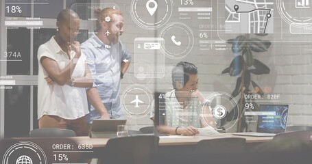 Discussing three team members in shirts, reviewing laptop and papers in office with HUD overlays