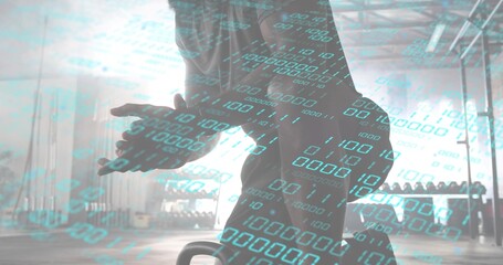 Leaning adult woman preparing grip over kettlebell in gym in fitted sportswear, cyan binary overlay