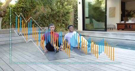 Exercising two men wearing athletic tops, doing core on mats on deck by pool, chart overlay