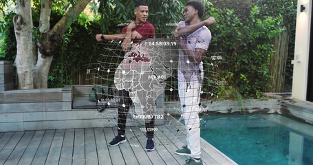 Stretching two men wearing casual clothing on grey wooden pool deck, with holographic globe overlay