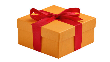 Obraz premium Close-up of a festive, square orange gift box with a tied red ribbon on a transparent background